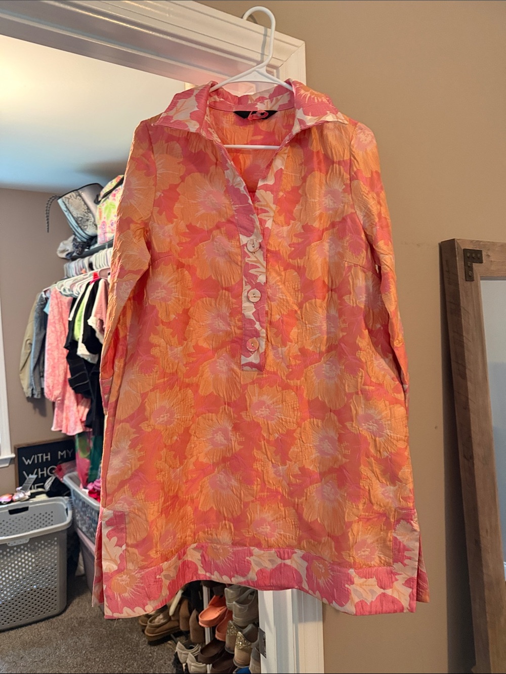 Floral Pink Orange Mini Dress with Button Placket